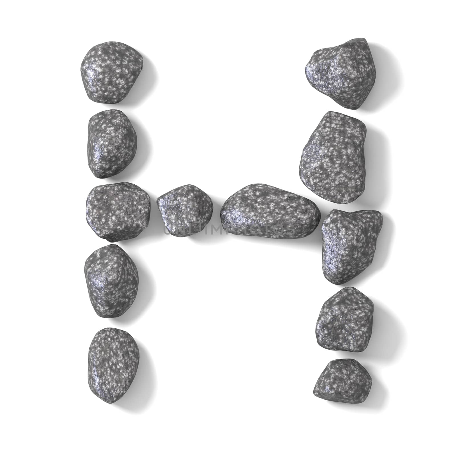 Font made of rocks LETTER H 3D render illustration isolated on white background