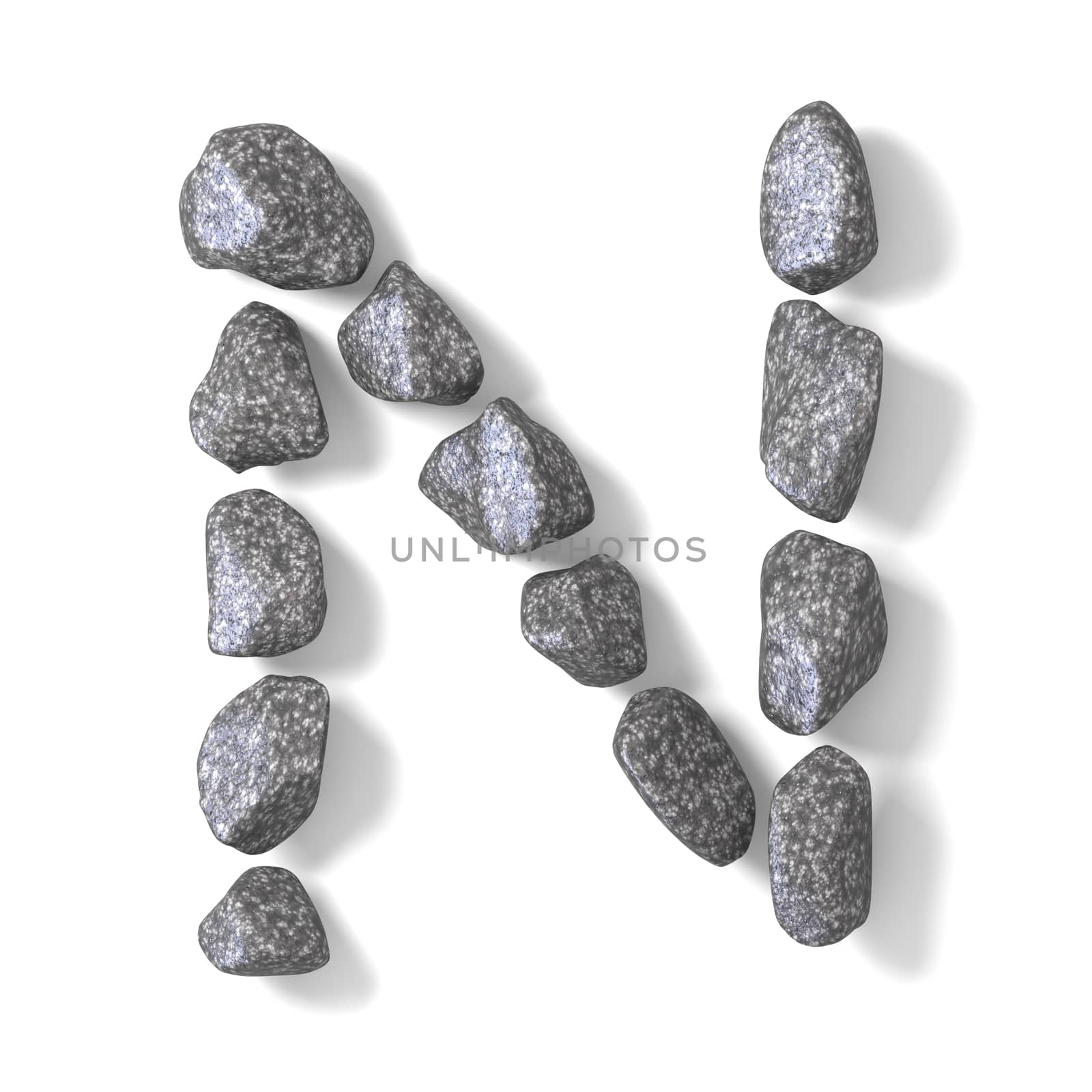 Font made of rocks LETTER N 3D render illustration isolated on white background