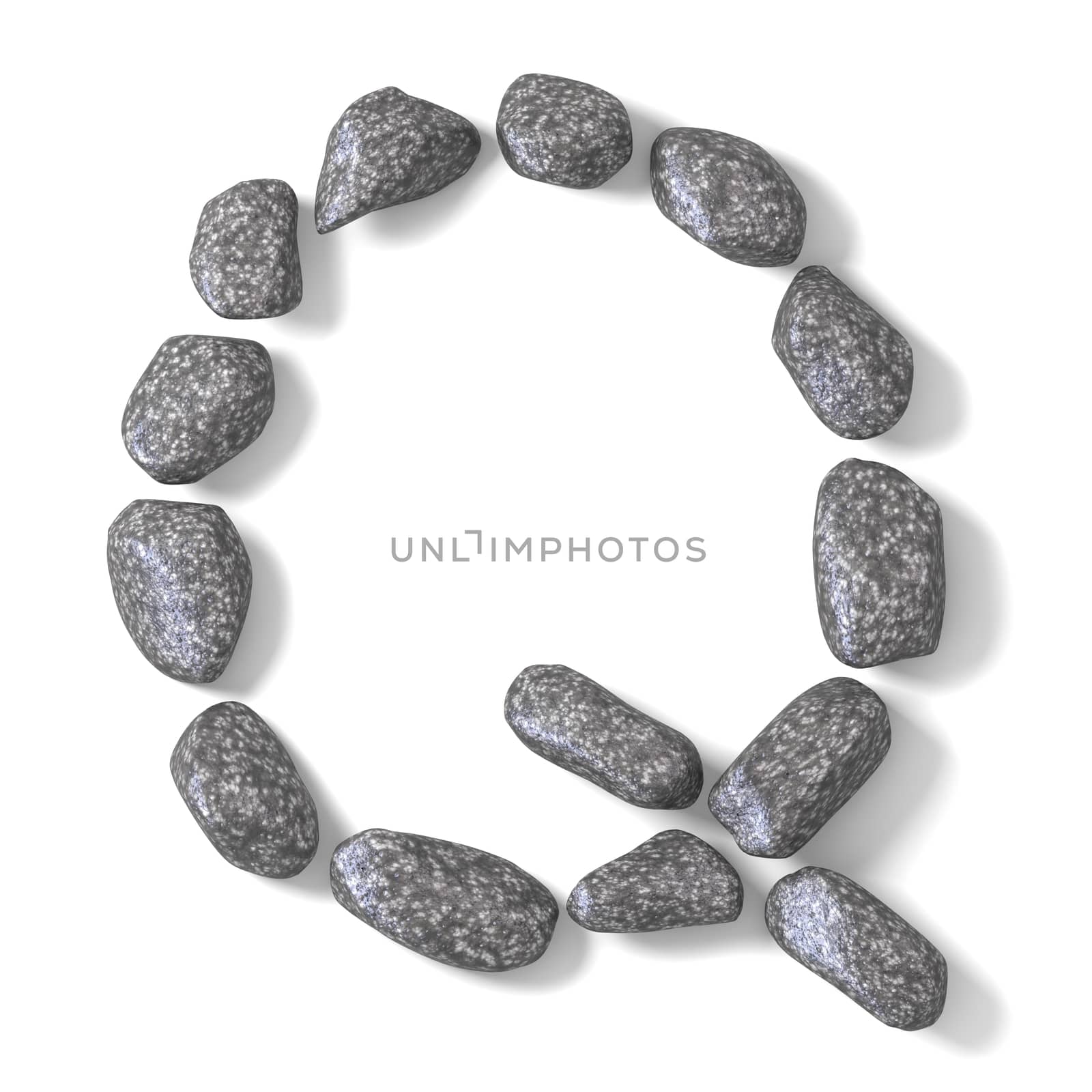 Font made of rocks LETTER Q 3D render illustration isolated on white background