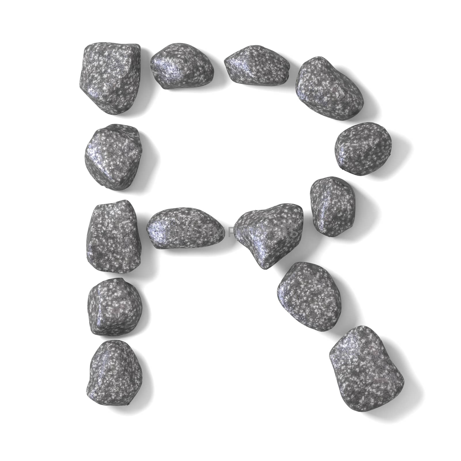 Font made of rocks LETTER R 3D render illustration isolated on white background