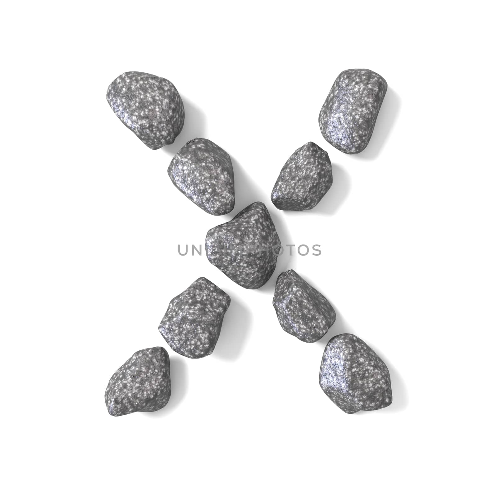 Font made of rocks LETTER X 3D render illustration isolated on white background