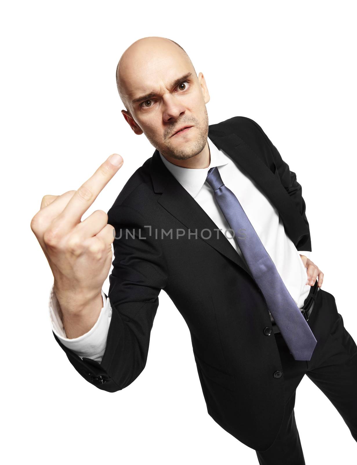 Angry young businessman shows middle finger. Studio shot isolated on white background. 
