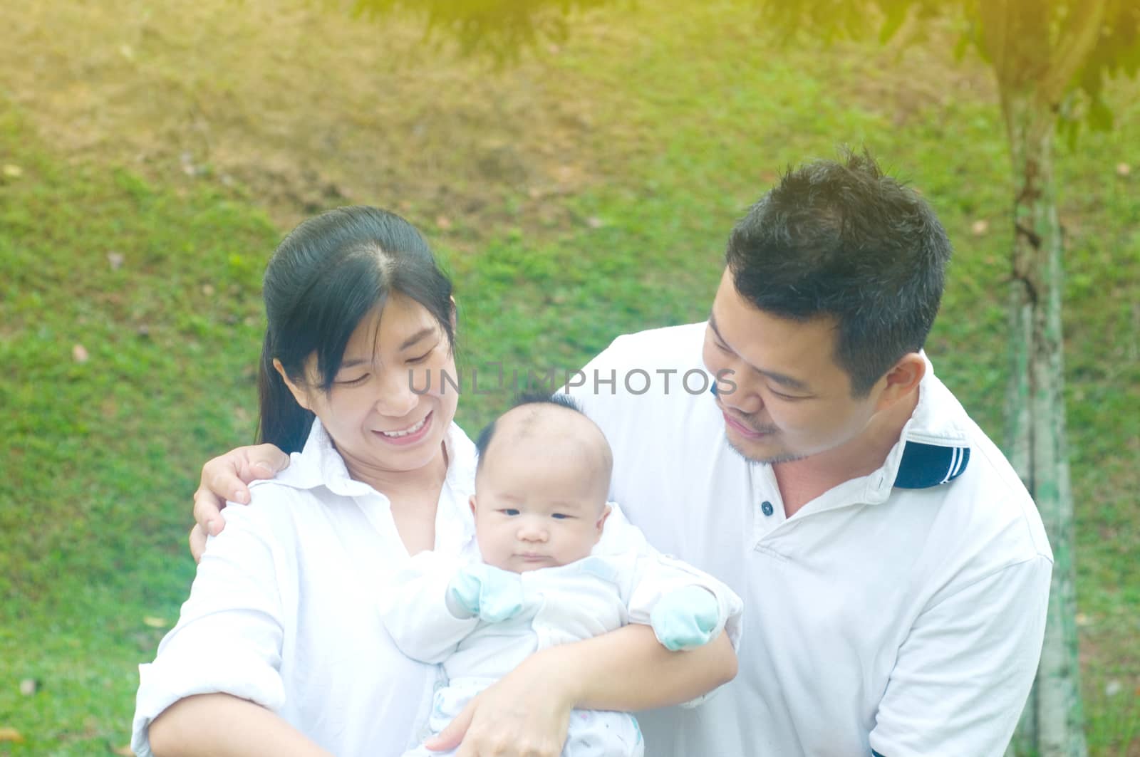 outdoor portrait of happy asian family