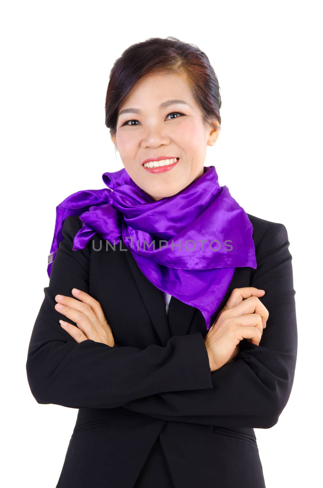 Smiling Middle Aged Asian Business woman over white background