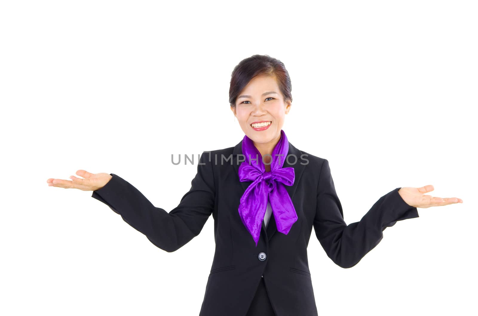 Smiling Middle Aged businesswoman with showing gesture