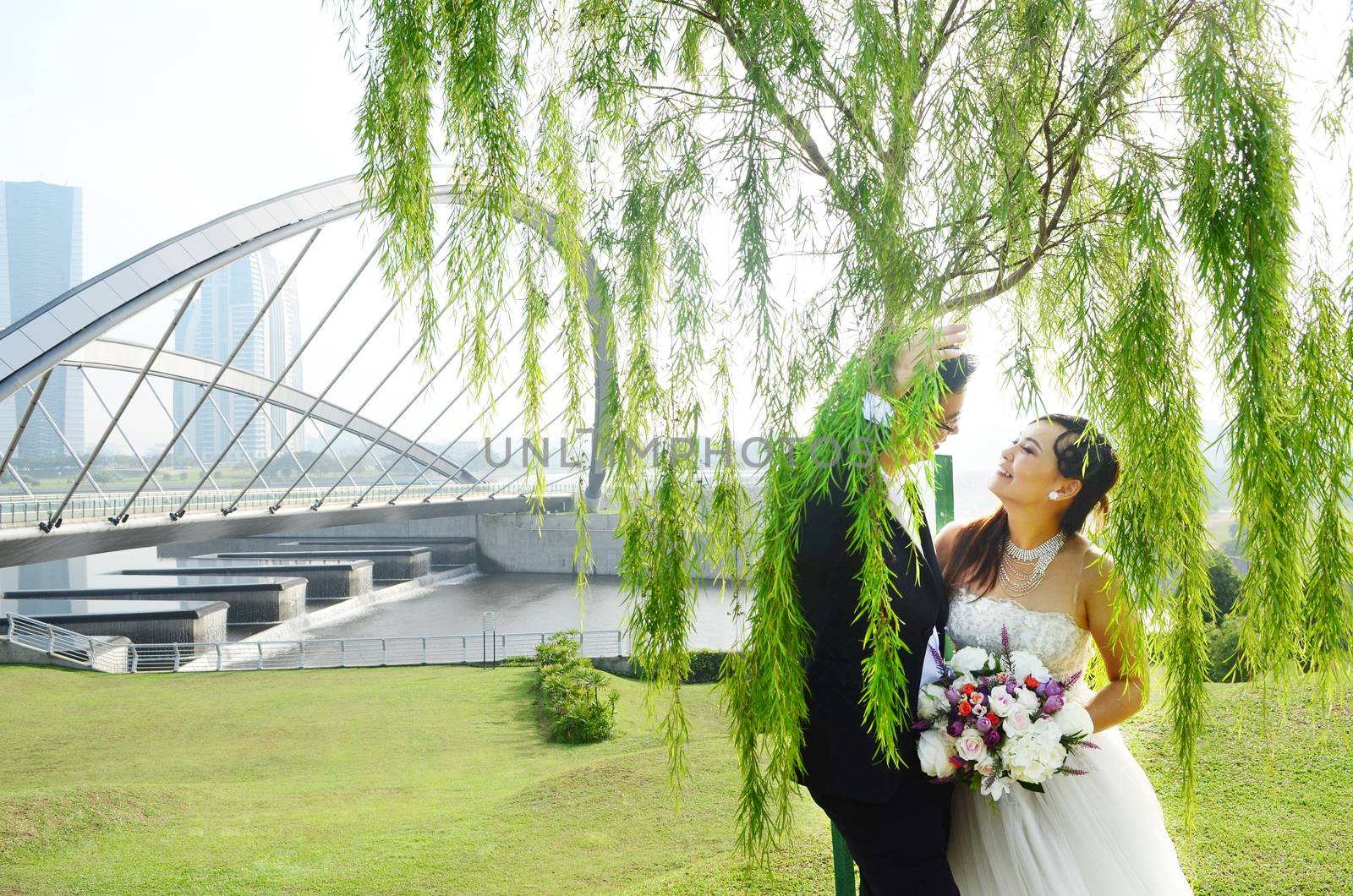 The asian couple embracing in the park