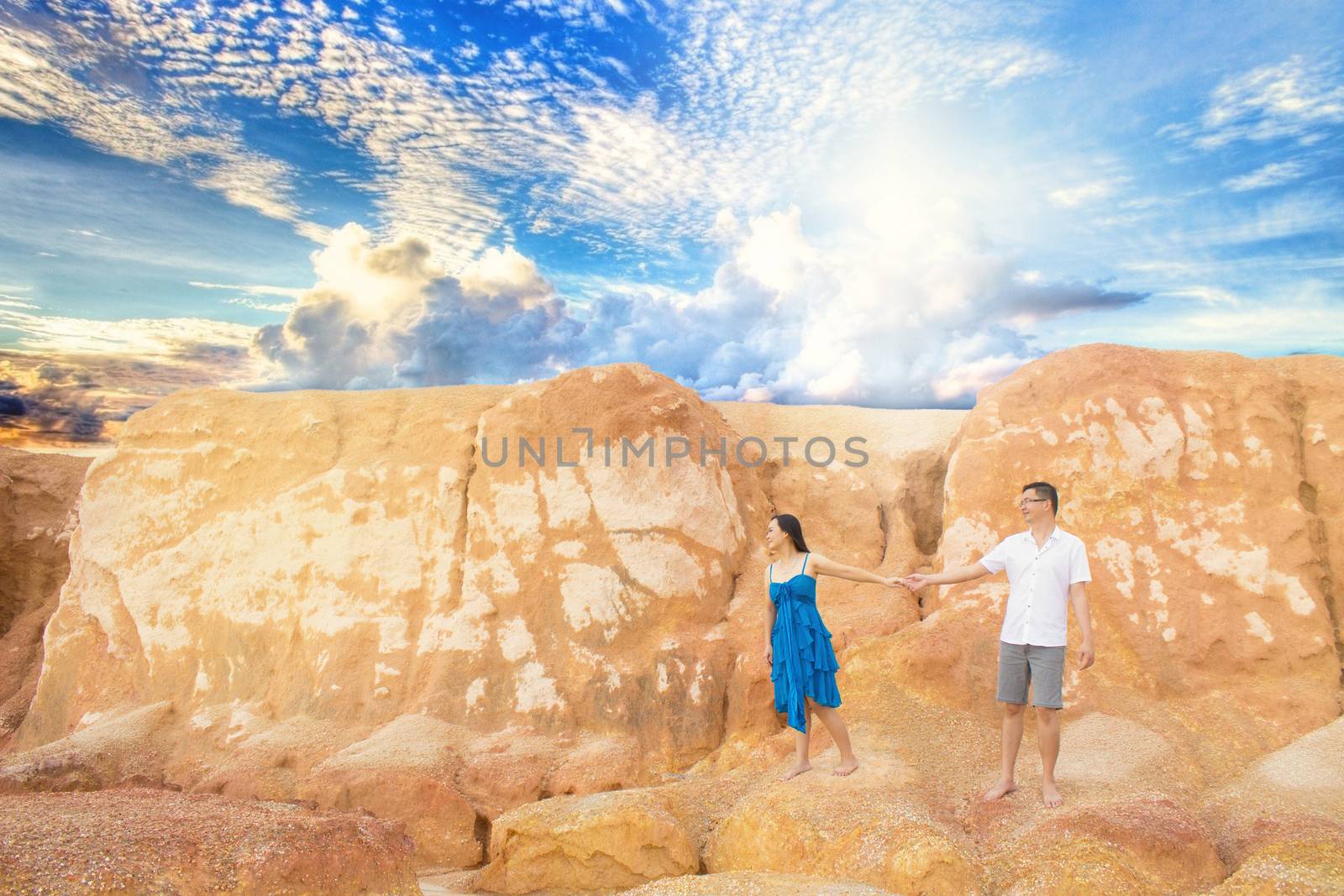 Asian couple with canyon background. Valentine's day concept