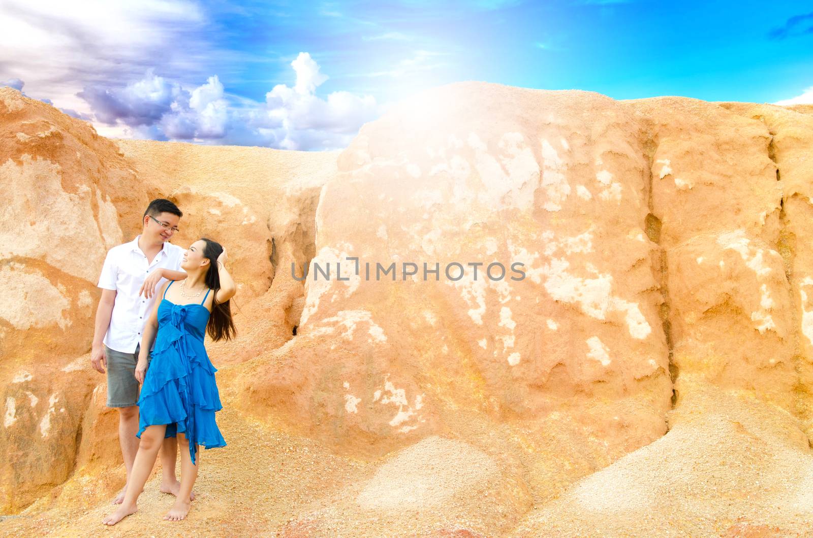 Asian couple with canyon background. Valentine's day concept