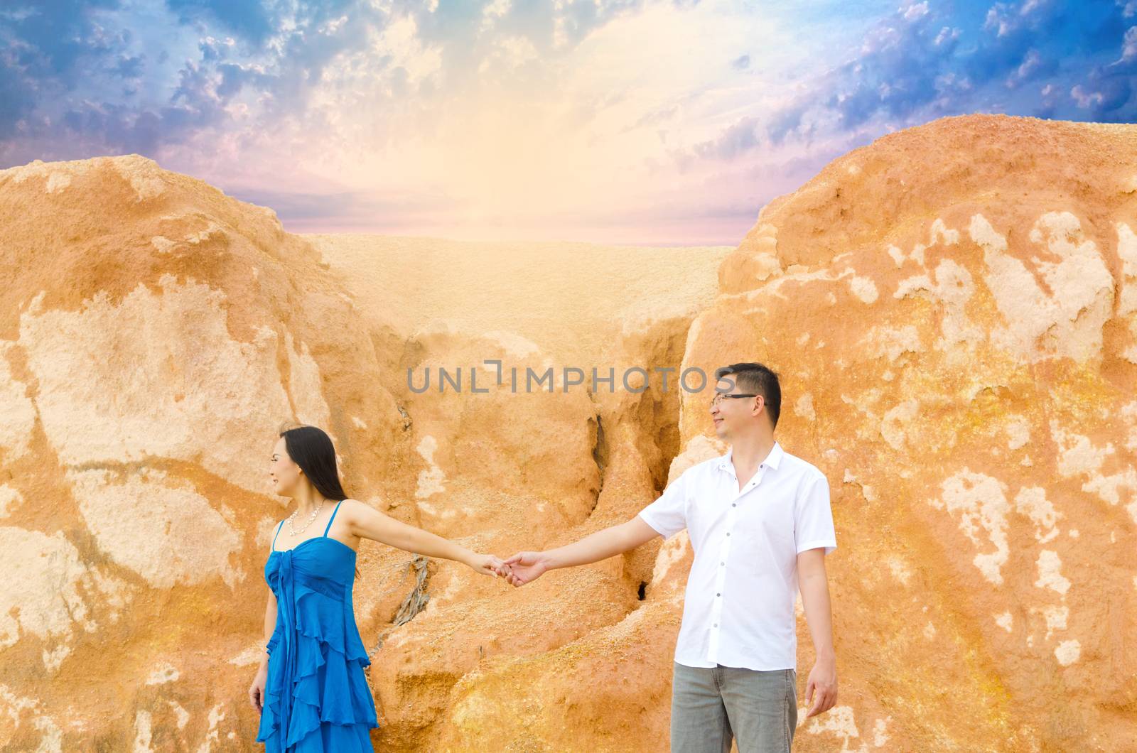 Asian couple with canyon background. Valentine's day concept