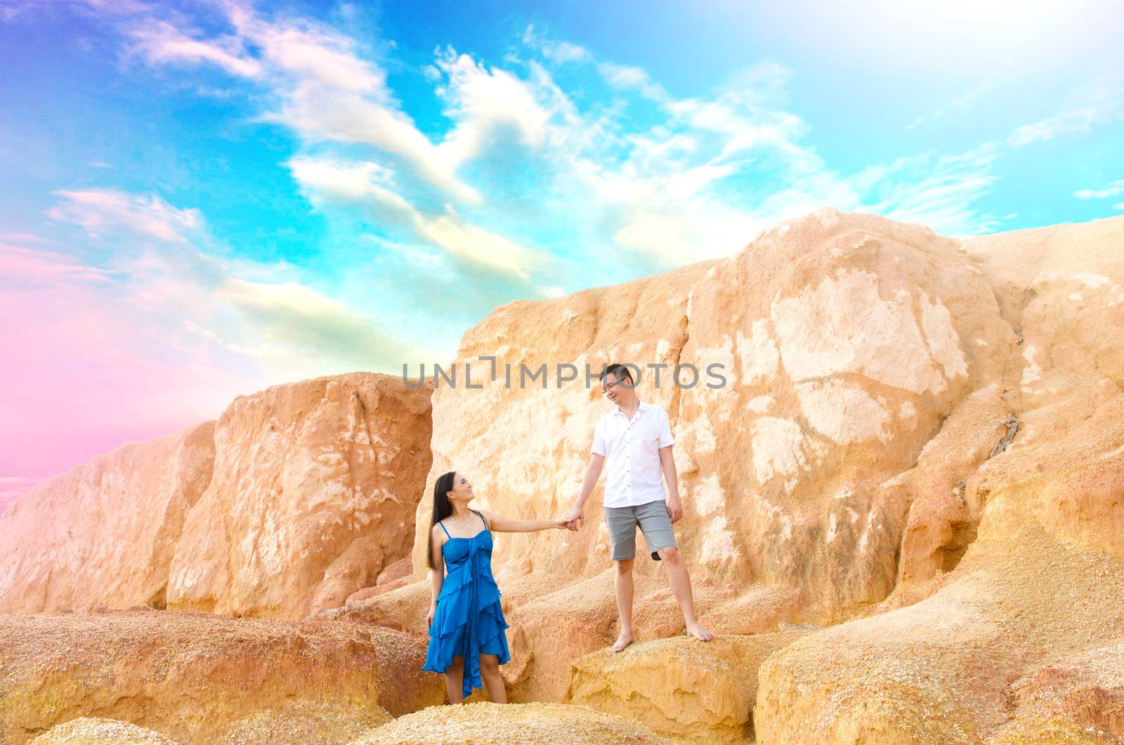 Asian couple with canyon background. Valentine's day concept