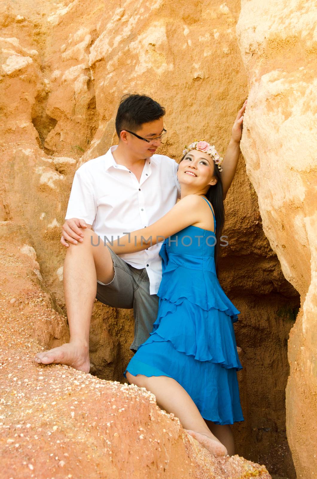 Asian couple with canyon background. Valentine's day concept