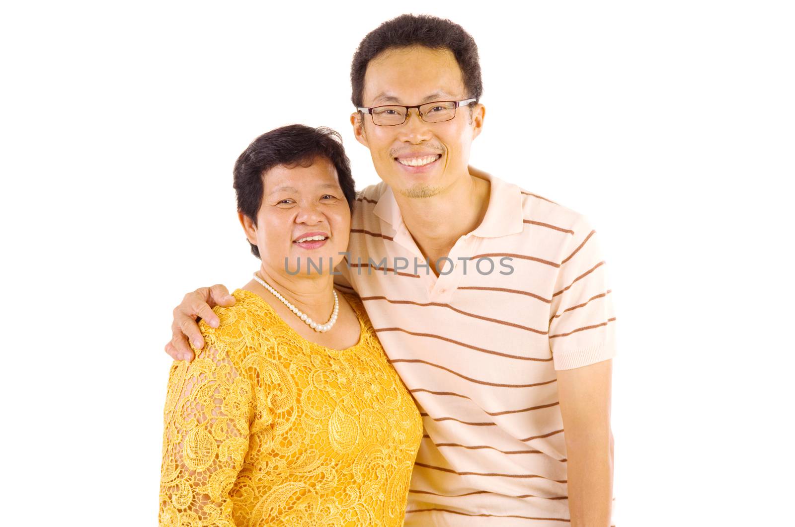 Asian mother and son. Happy Asian family mother and adult offspring having fun time at indoor studio.