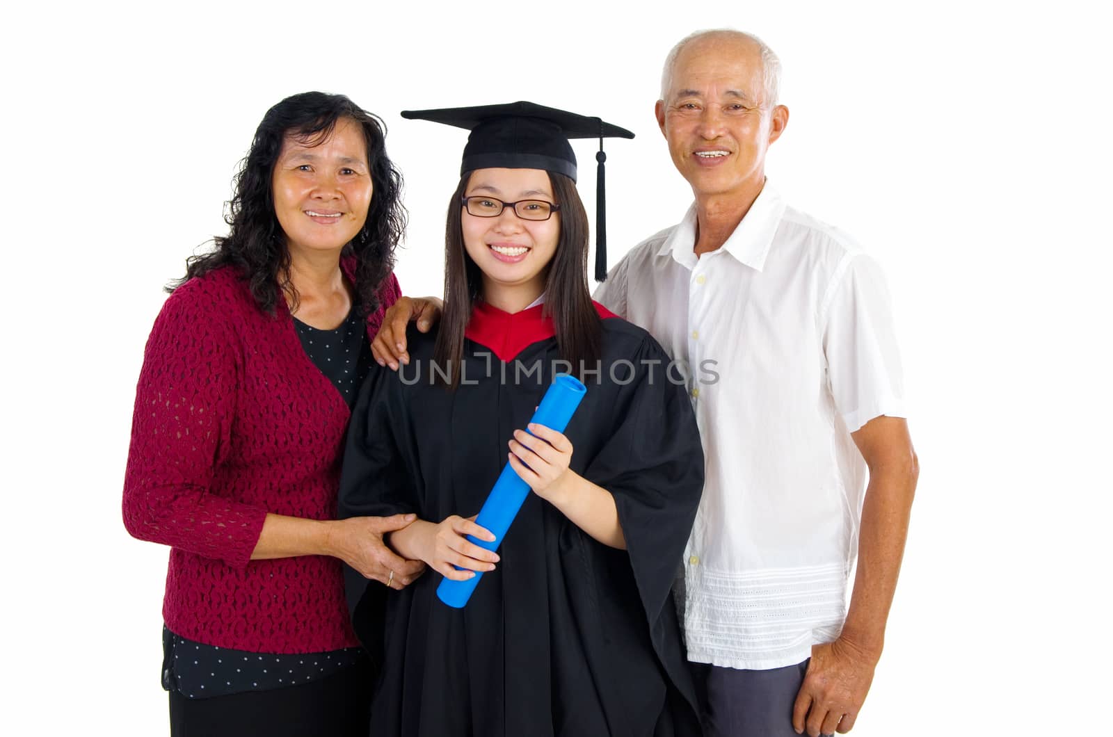 Asian university student and family celebrating graduation