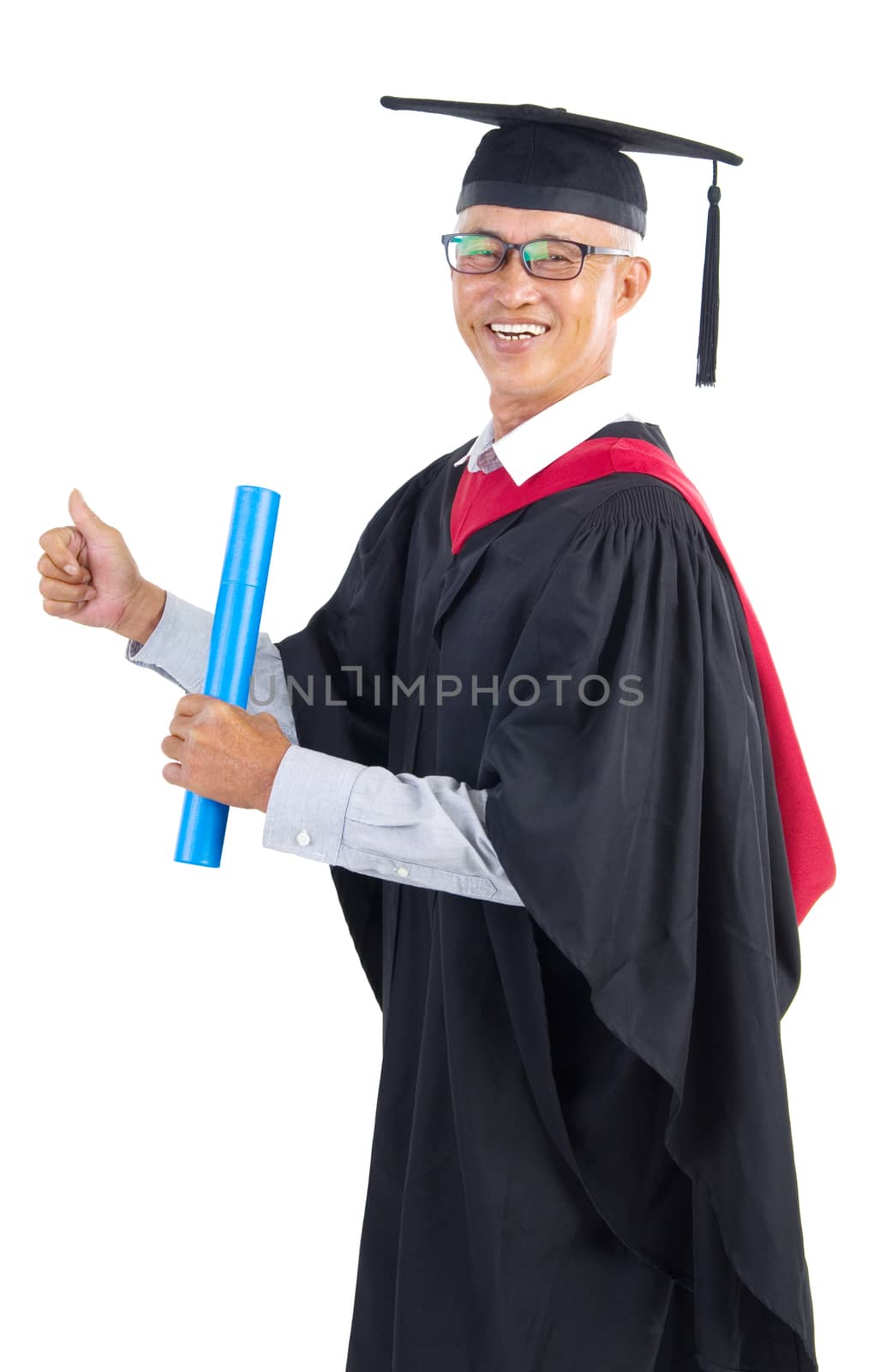 Smiling Senior Graduate standing with white background
