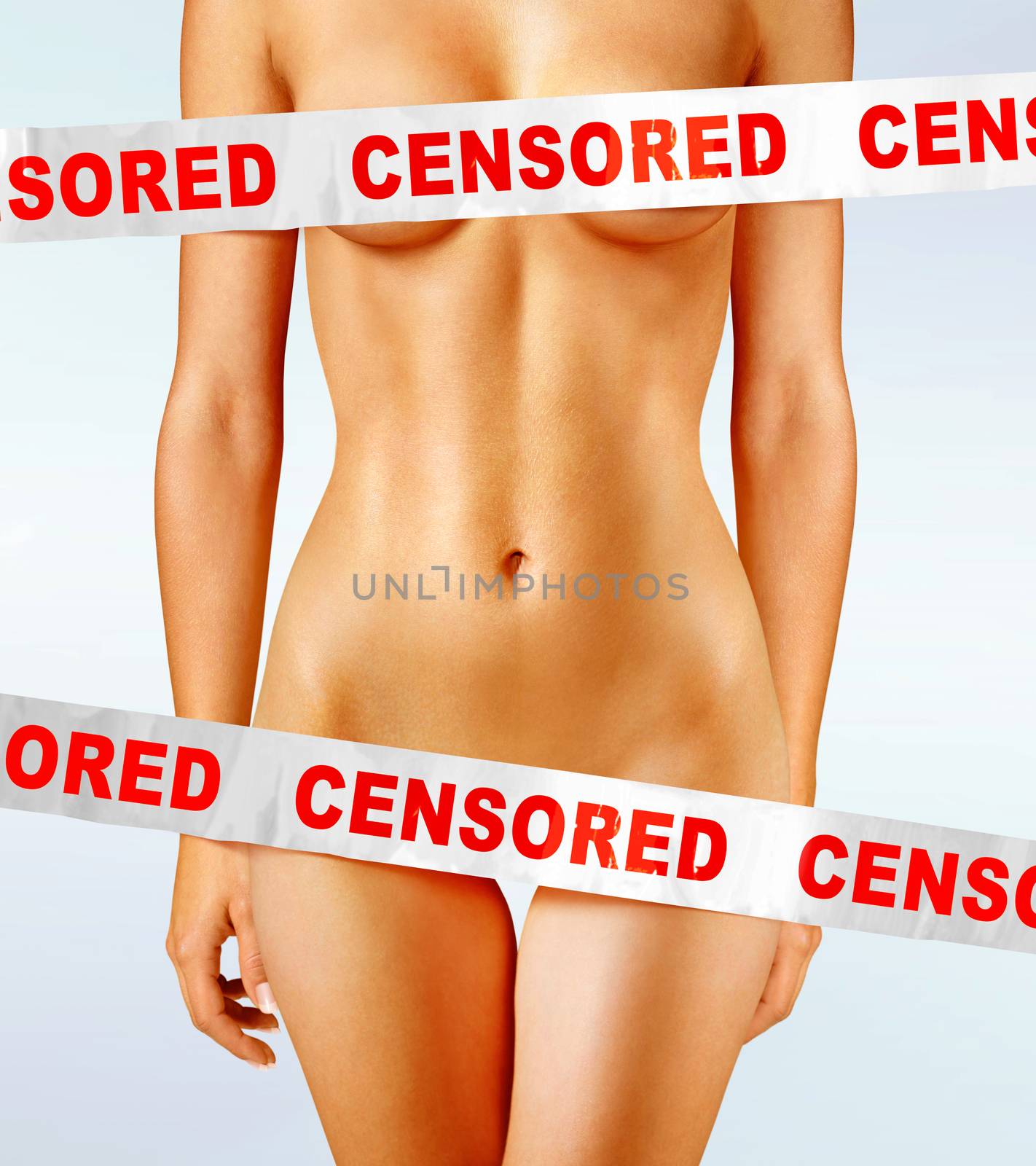 beautiful body of woman covered with censorship tapes