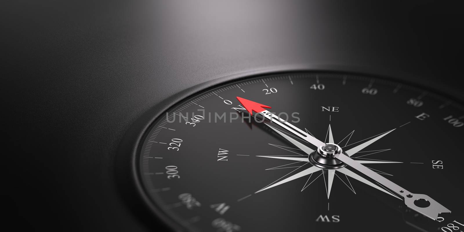 3D illustration of a compass over black background with needle pointing the north direction, free space on the left side of the image. Business orientation concept. 