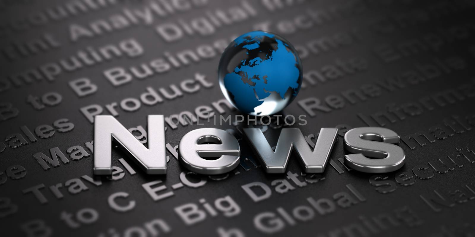 3D illustration of a globe and the word news over black background. Business. International media concept.