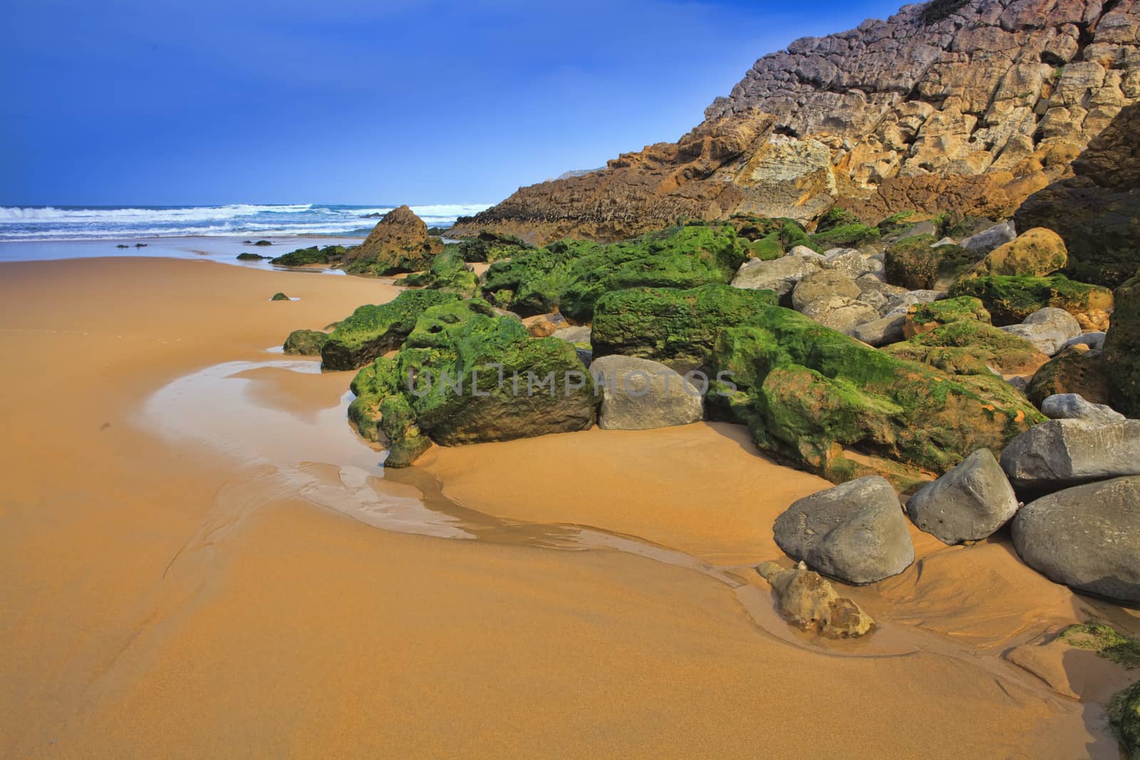 Green stones on the seashore