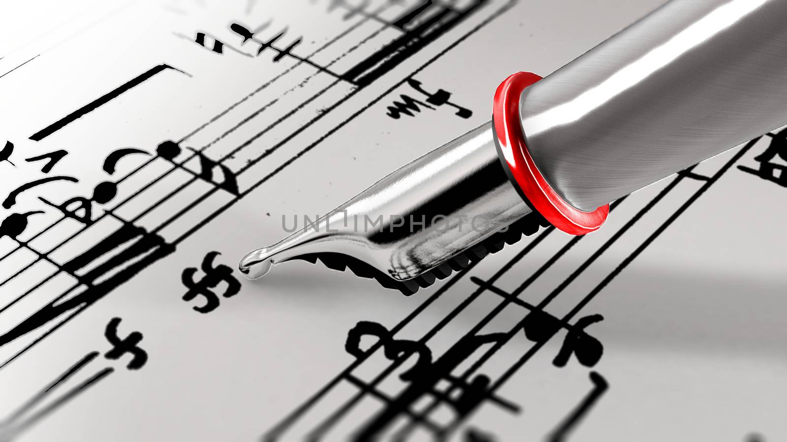 Close-up on a fountain pen of a music composer. 3D rendering. by ytjo
