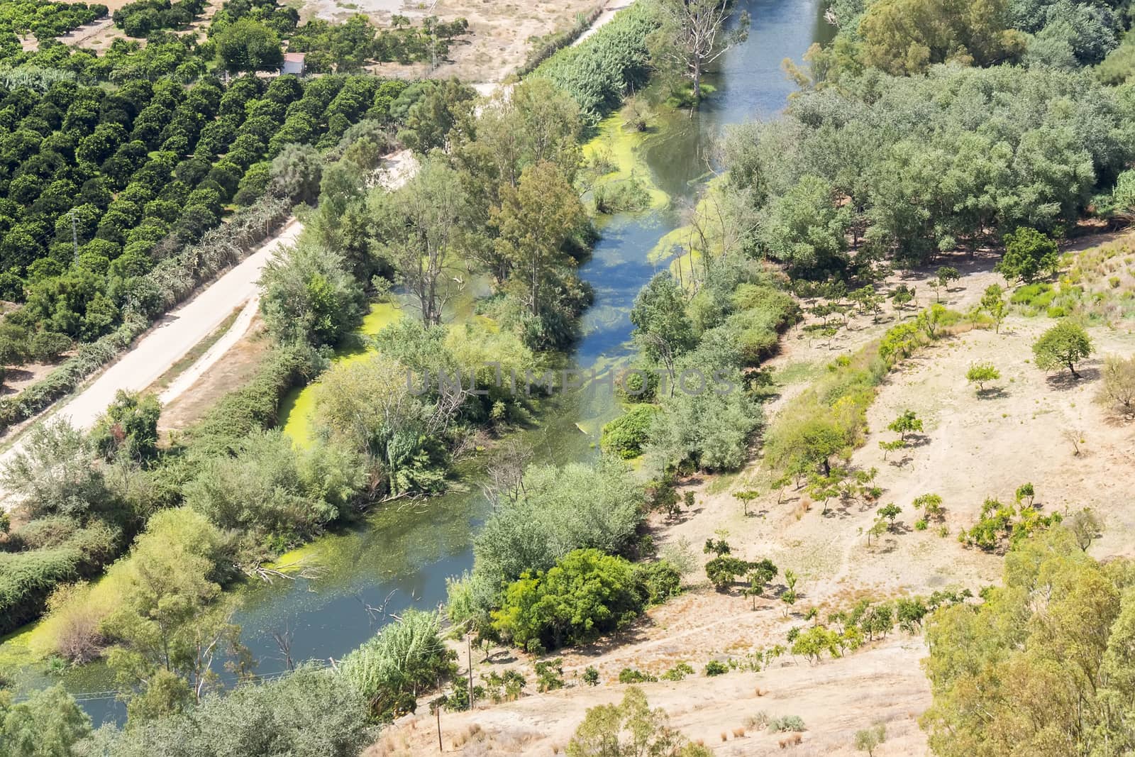Aerial view of a green landscape with river, Spain
