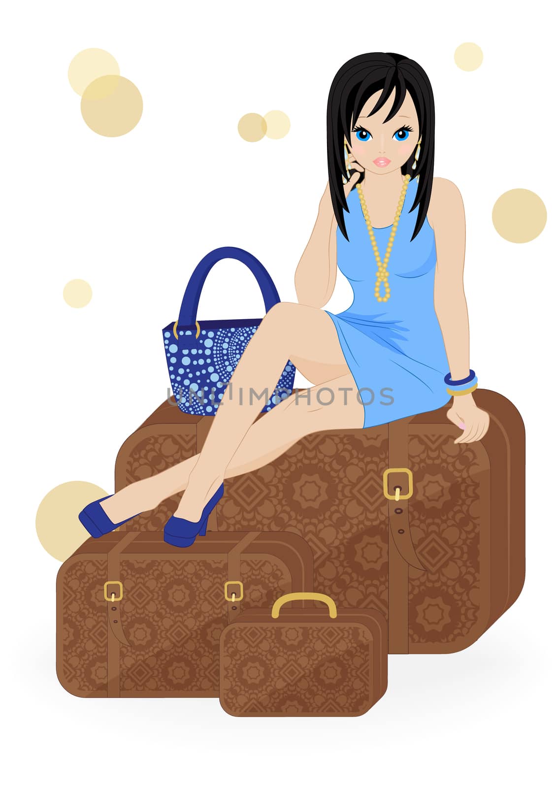 girl traveler sitting on a suitcase isolated on white background