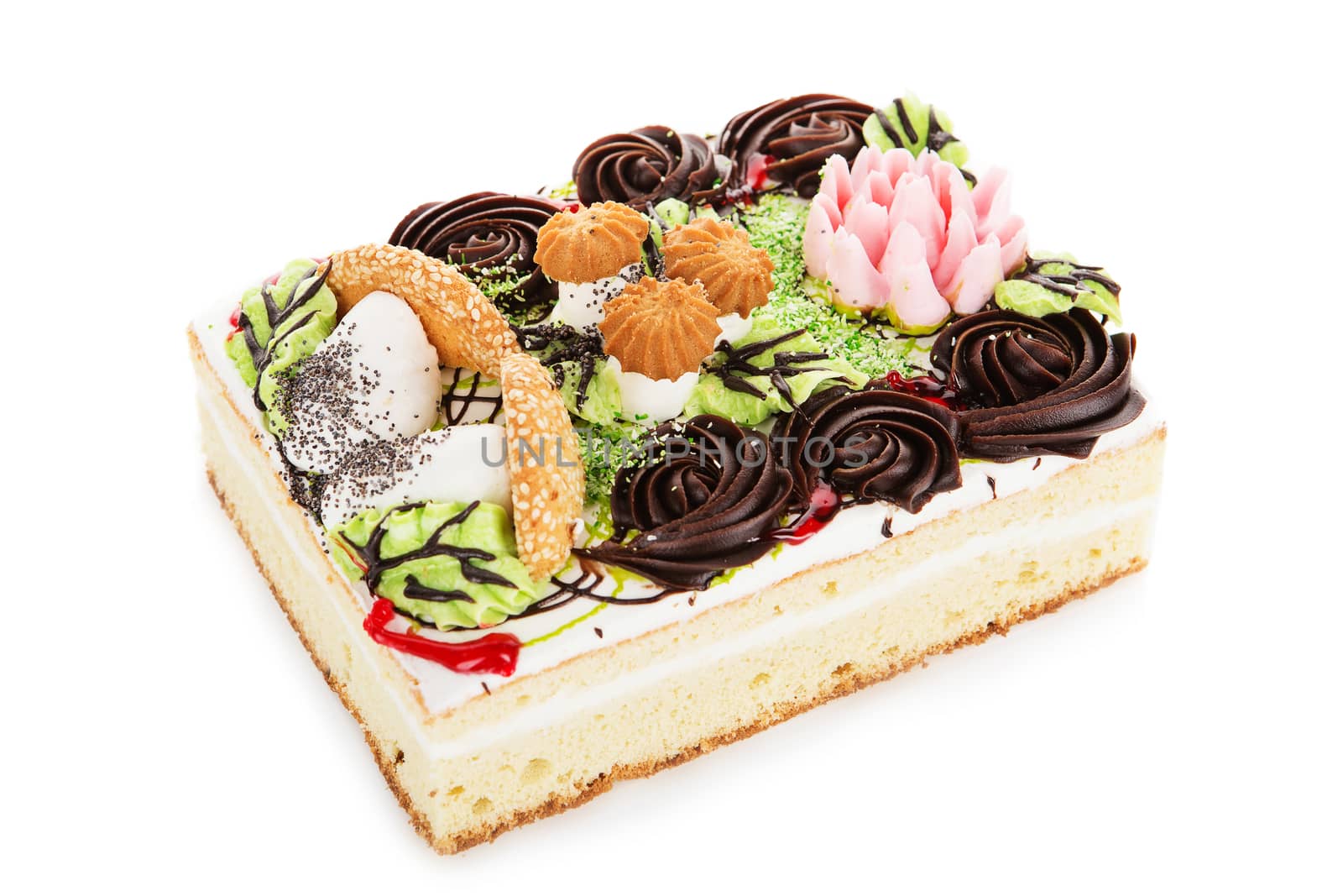 rectangular cake decorated with cream mushrooms isolated on white background