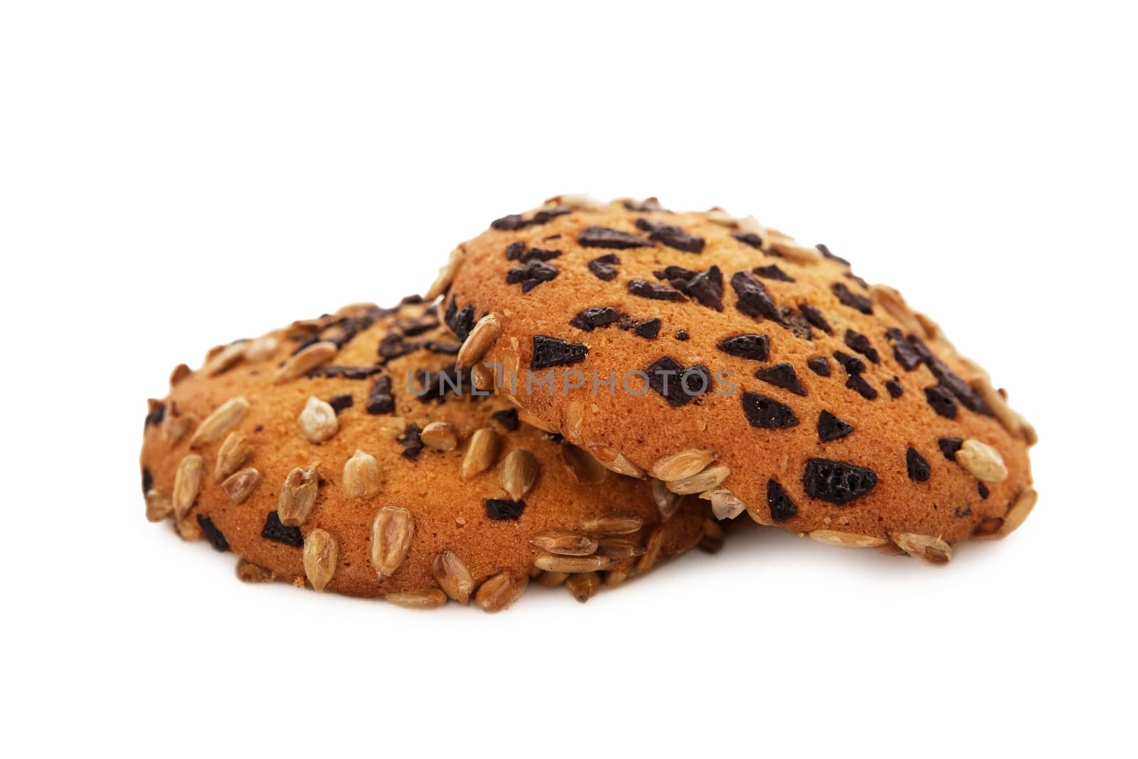 Oatmeal cookies with Chocolate chips and sunflower seeds isolated on white background