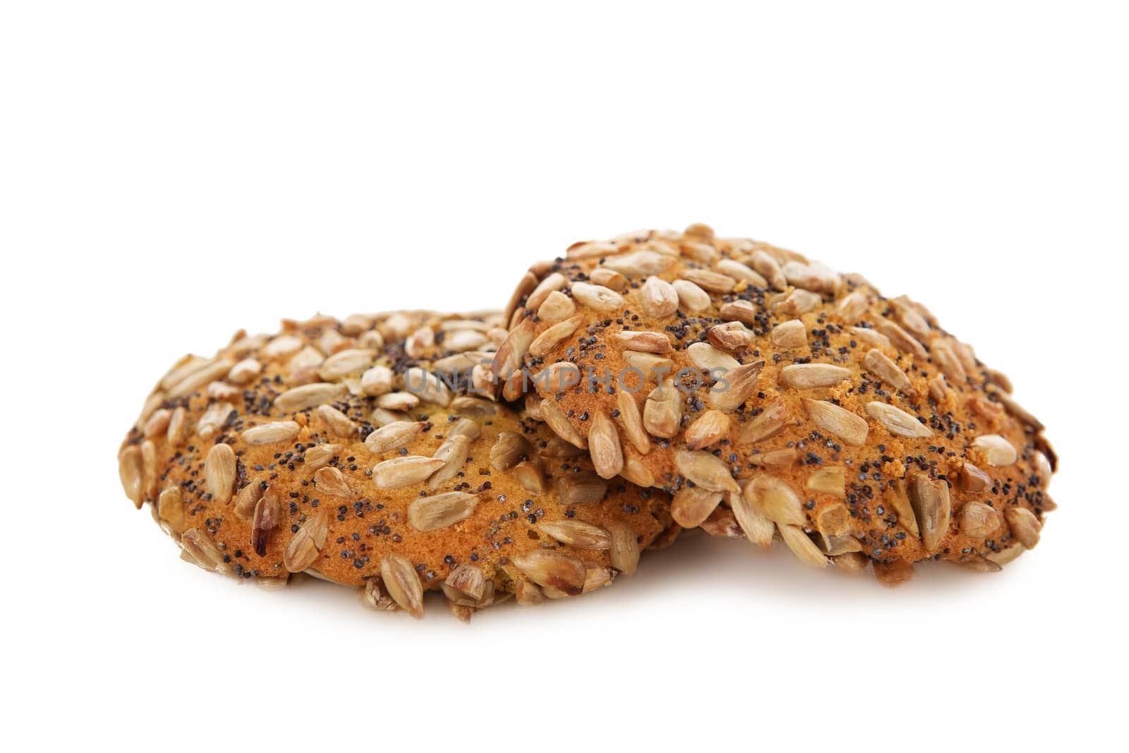 Oatmeal cookies with Chocolate poppy seeds and sunflower seeds isolated on white background