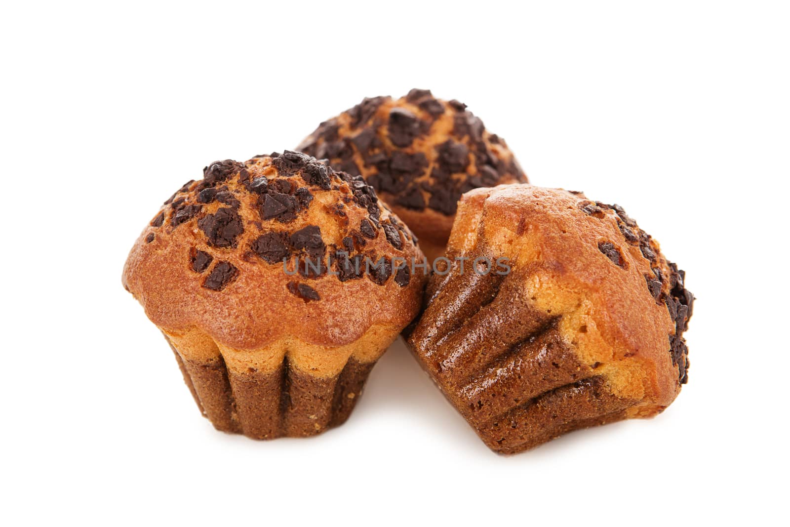 Tasty muffins with chocolate chips isolated on white background