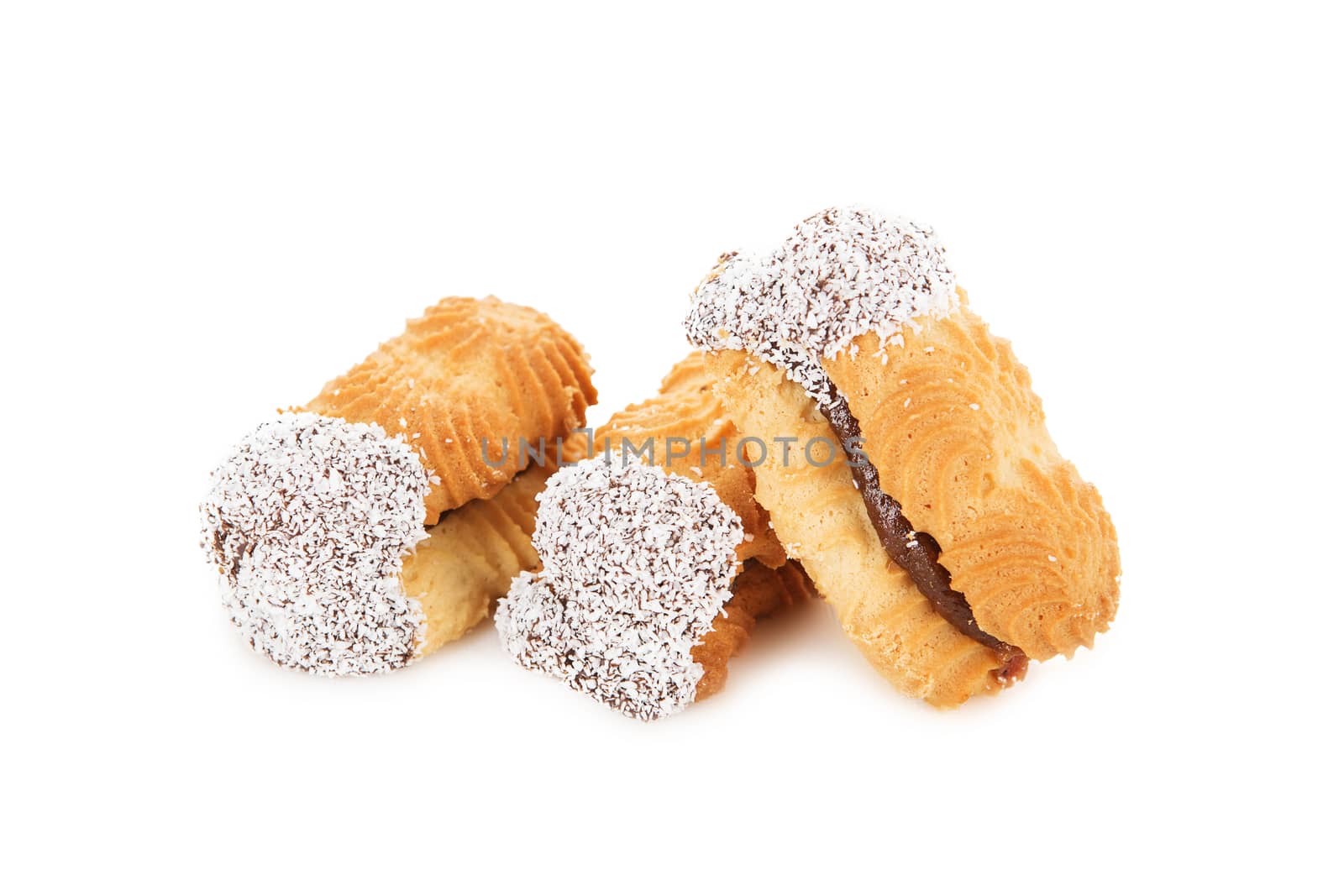 sandwich biscuits with jam decorated with Coconut chips isolated on white background