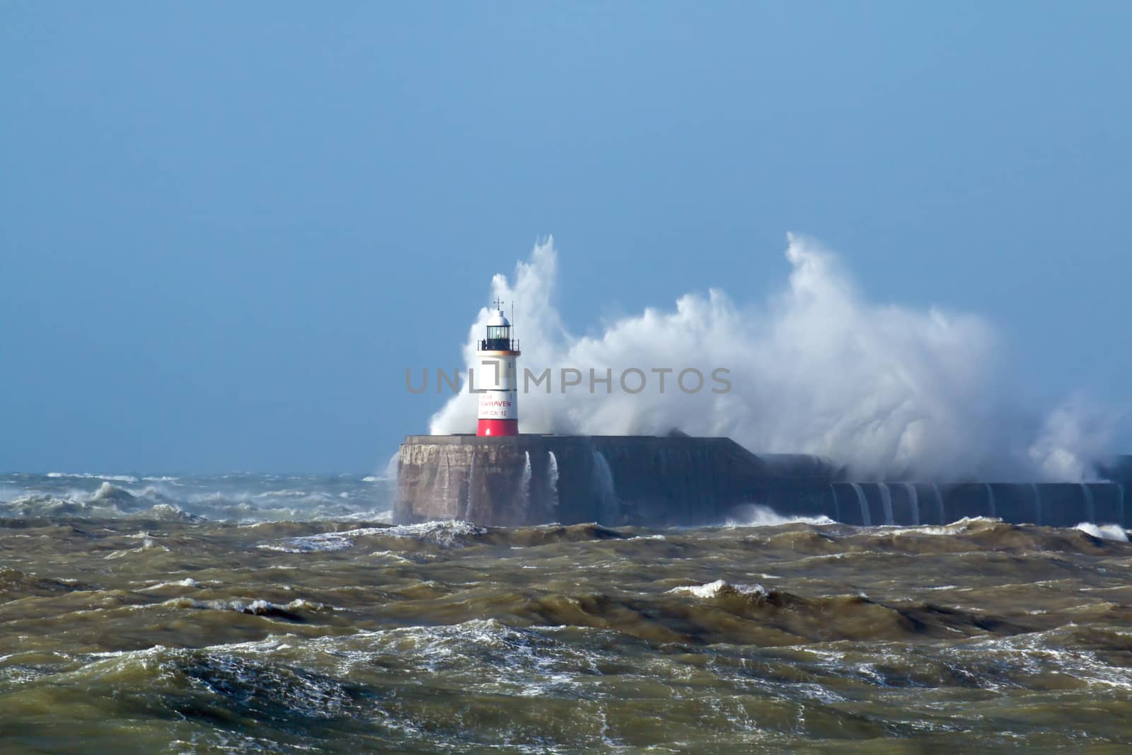 Newhaven Lighthouse in East Sussex, England, during Storm Doris in February 2017