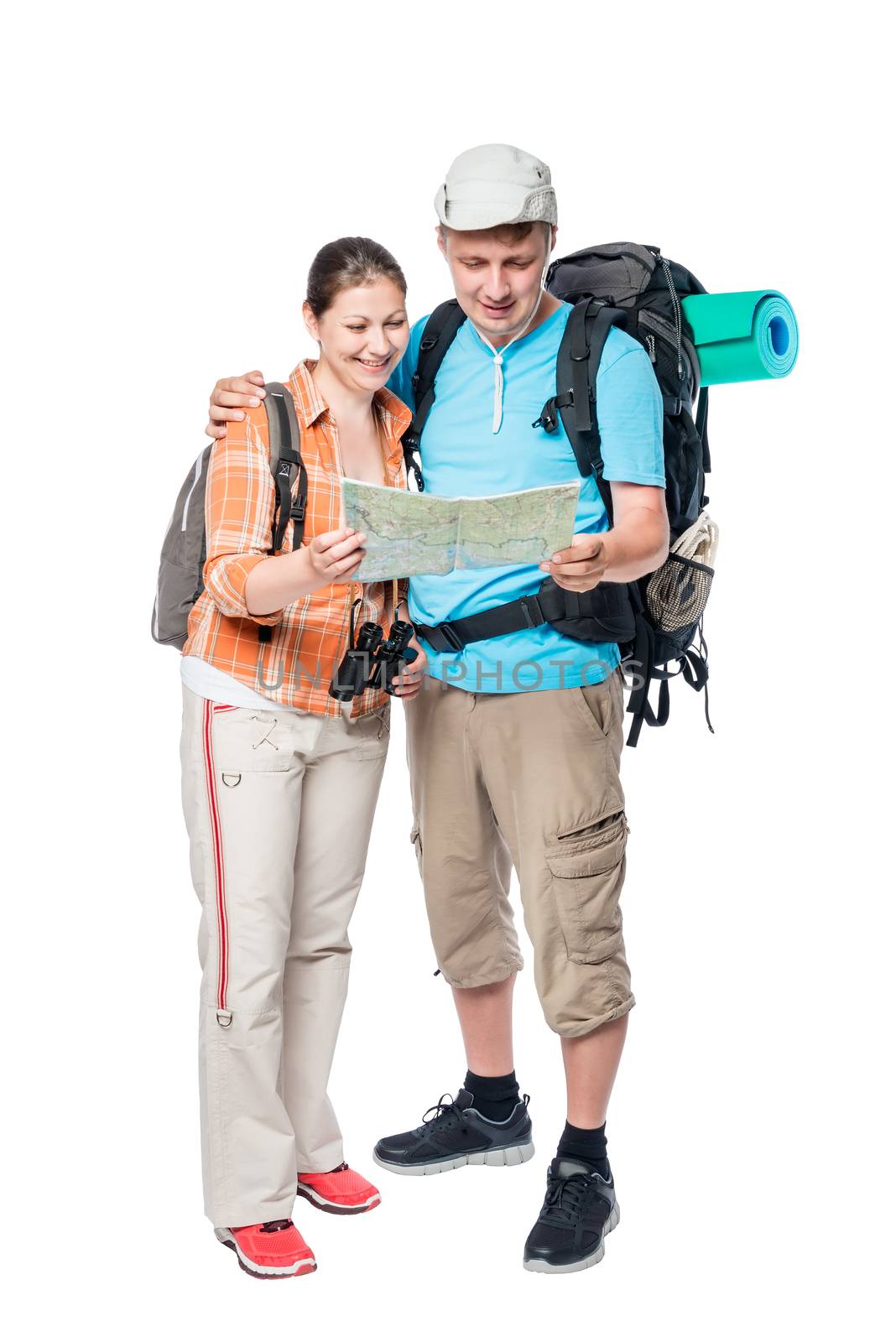 active couple with backpacks and map on a white background by kosmsos111