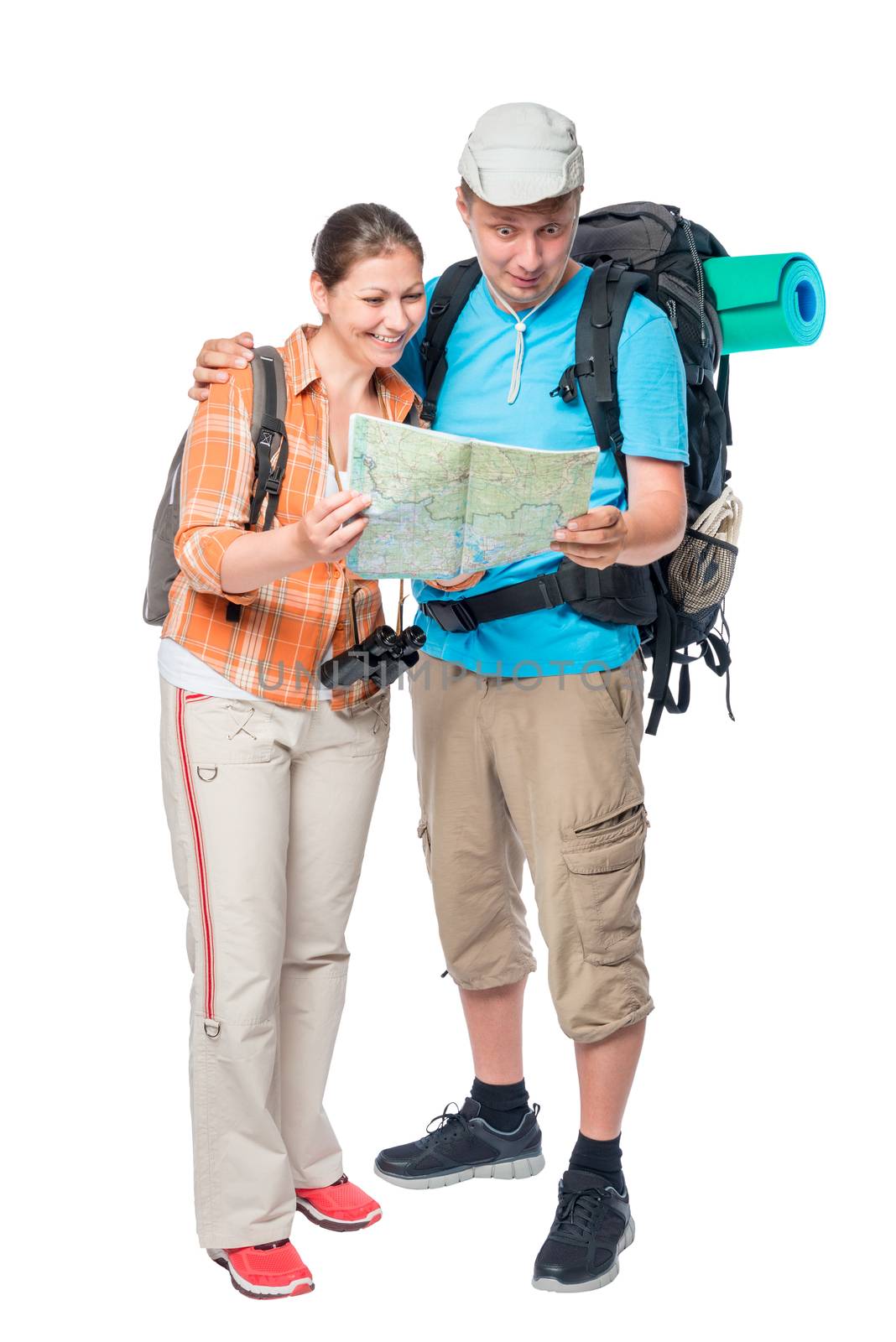Happy woman and surprised man with a map with backpacks on a white background