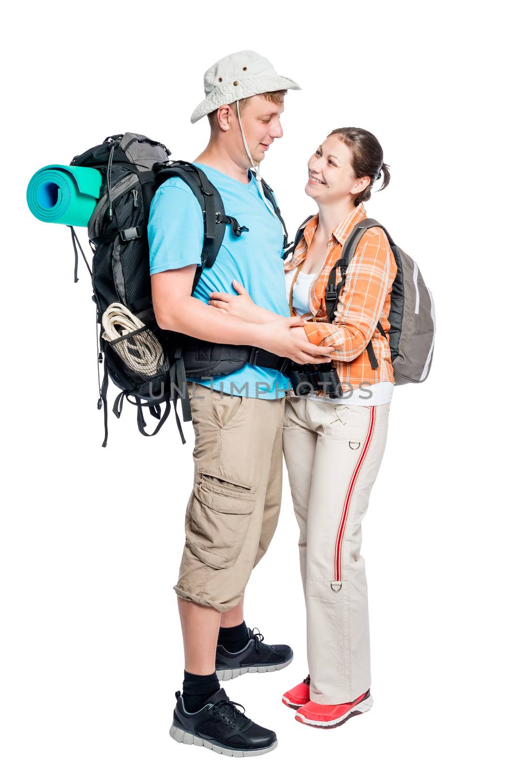 Active loving tourists in a hike, photo on a white background