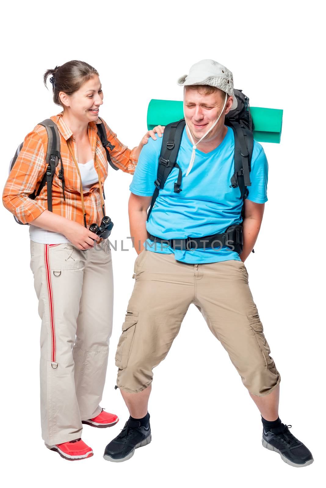 A man caught unawares in a hike diarrhea, a funny photo on a white background