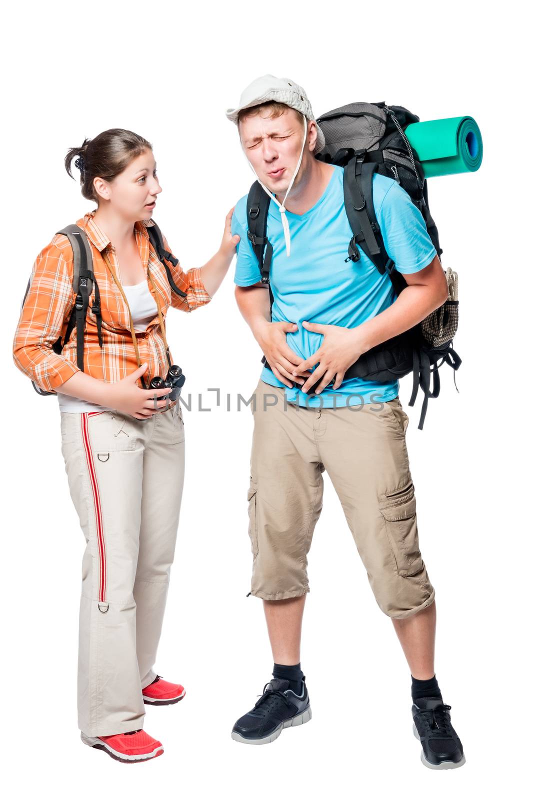 Tourist with abdominal pain and his girlfriend on white background