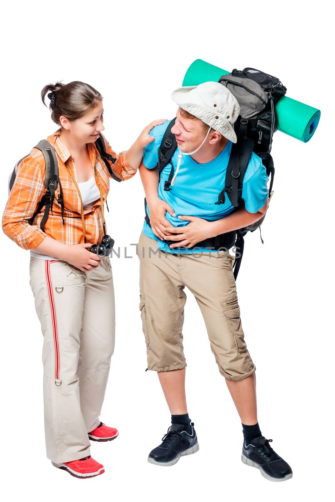 Tourist with stomach pain and diarrhea in hike, couple on white background in studio