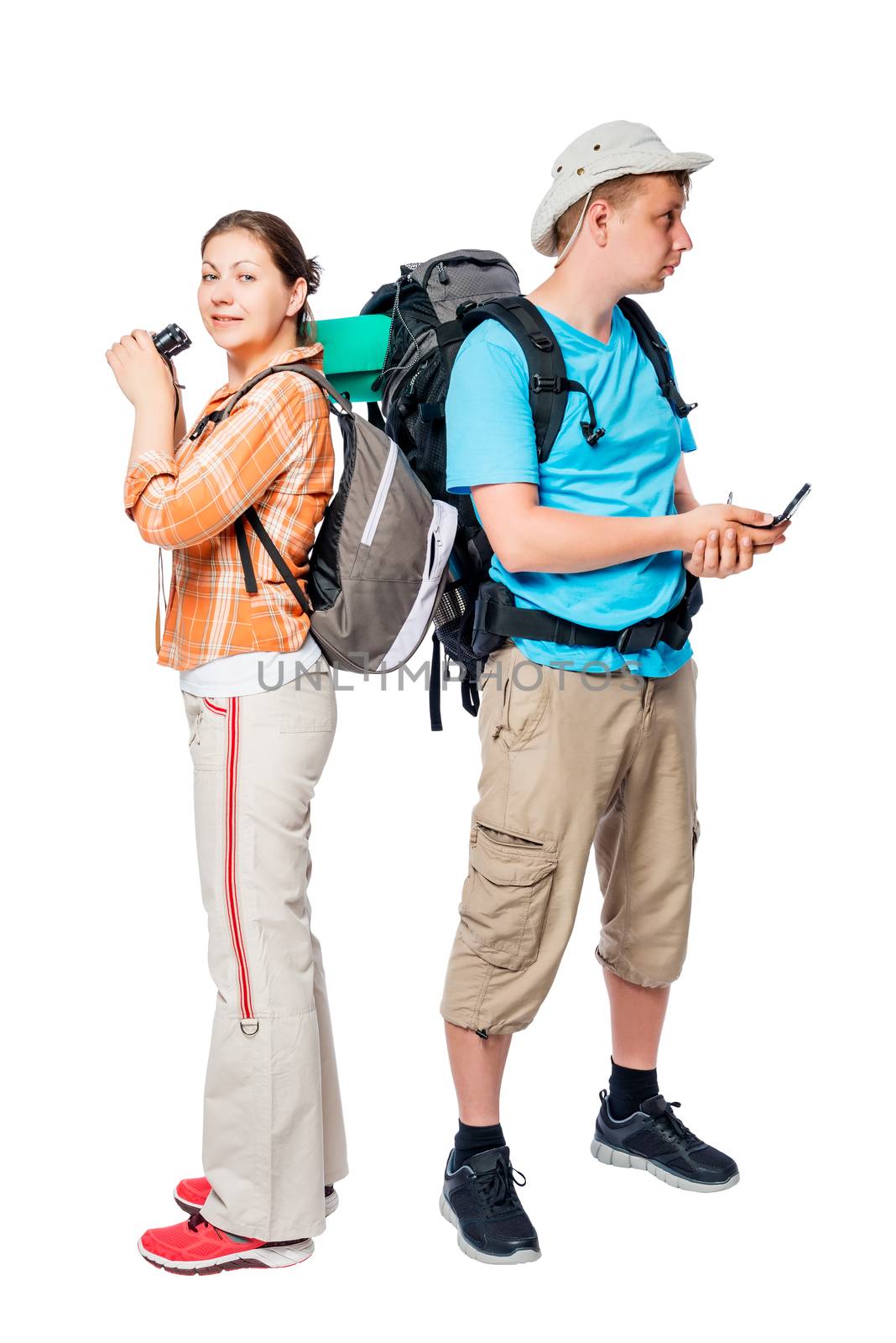 Woman with binoculars and a man with a compass lost, photo on a white background