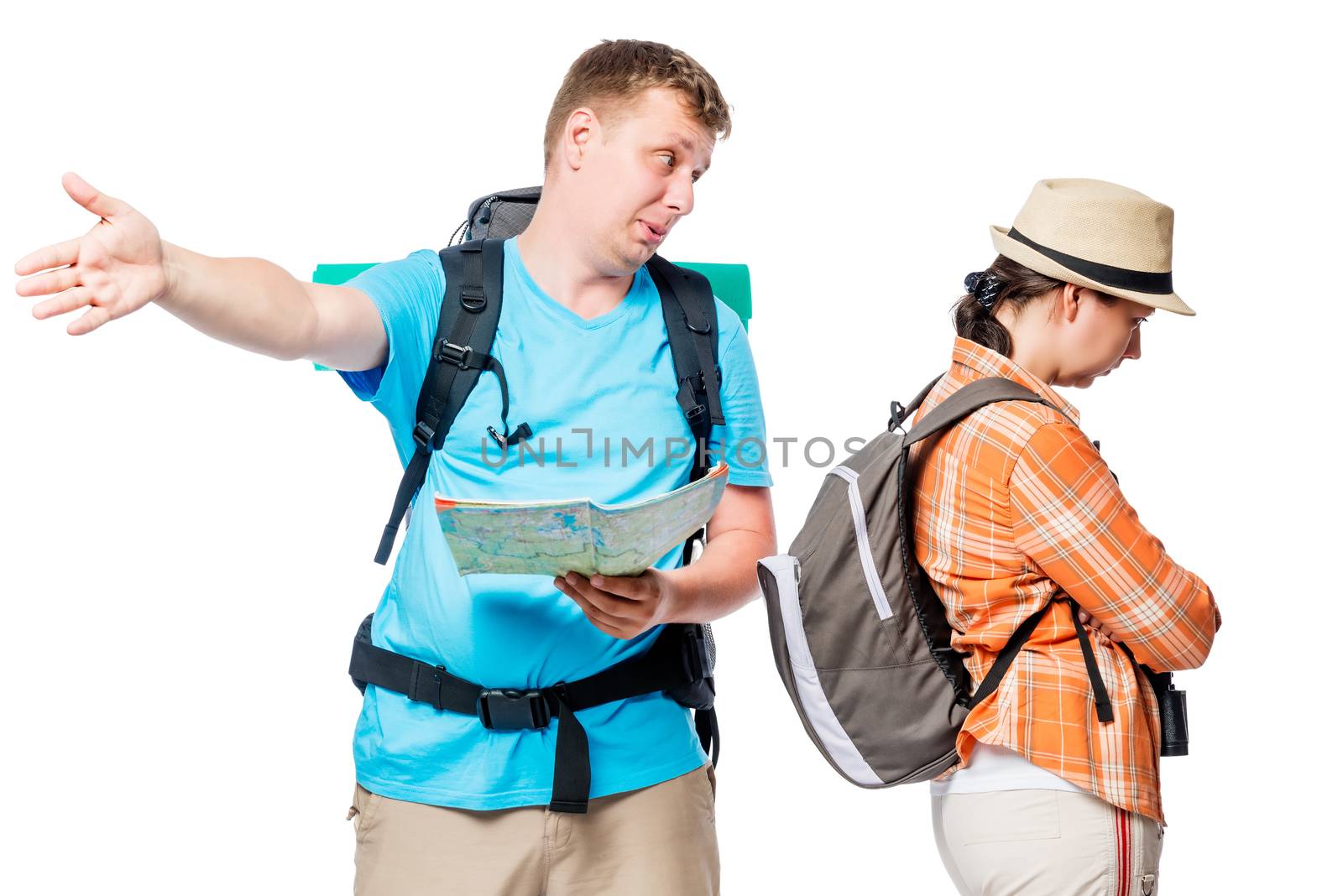 Quarreled tourists with backpacks can not find a way, where better to go on a white background
