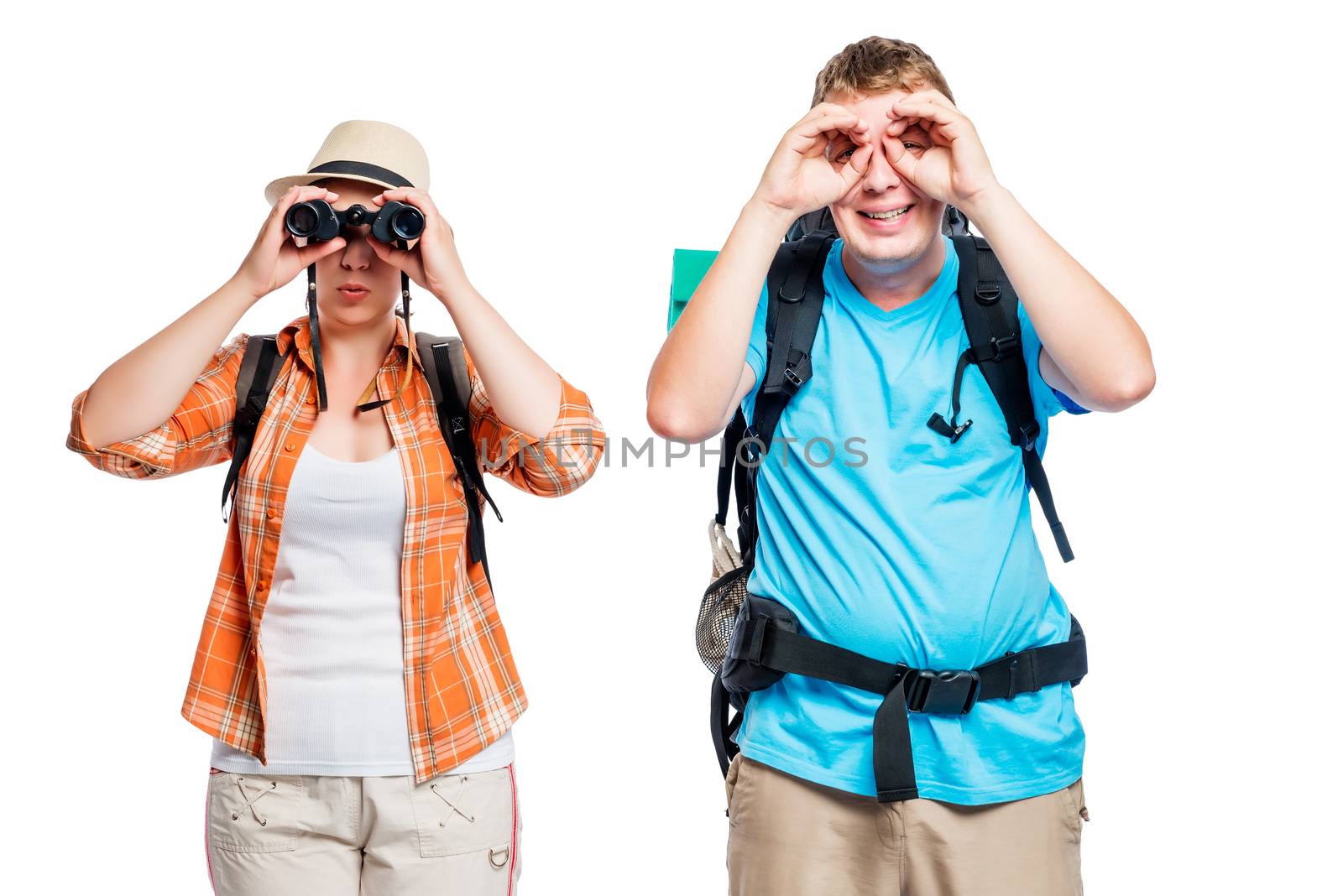 Man and woman with binoculars, funny photo on a white background