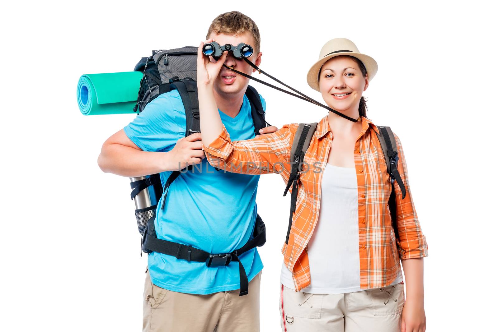 Girl to man gives a look through binoculars on a white background