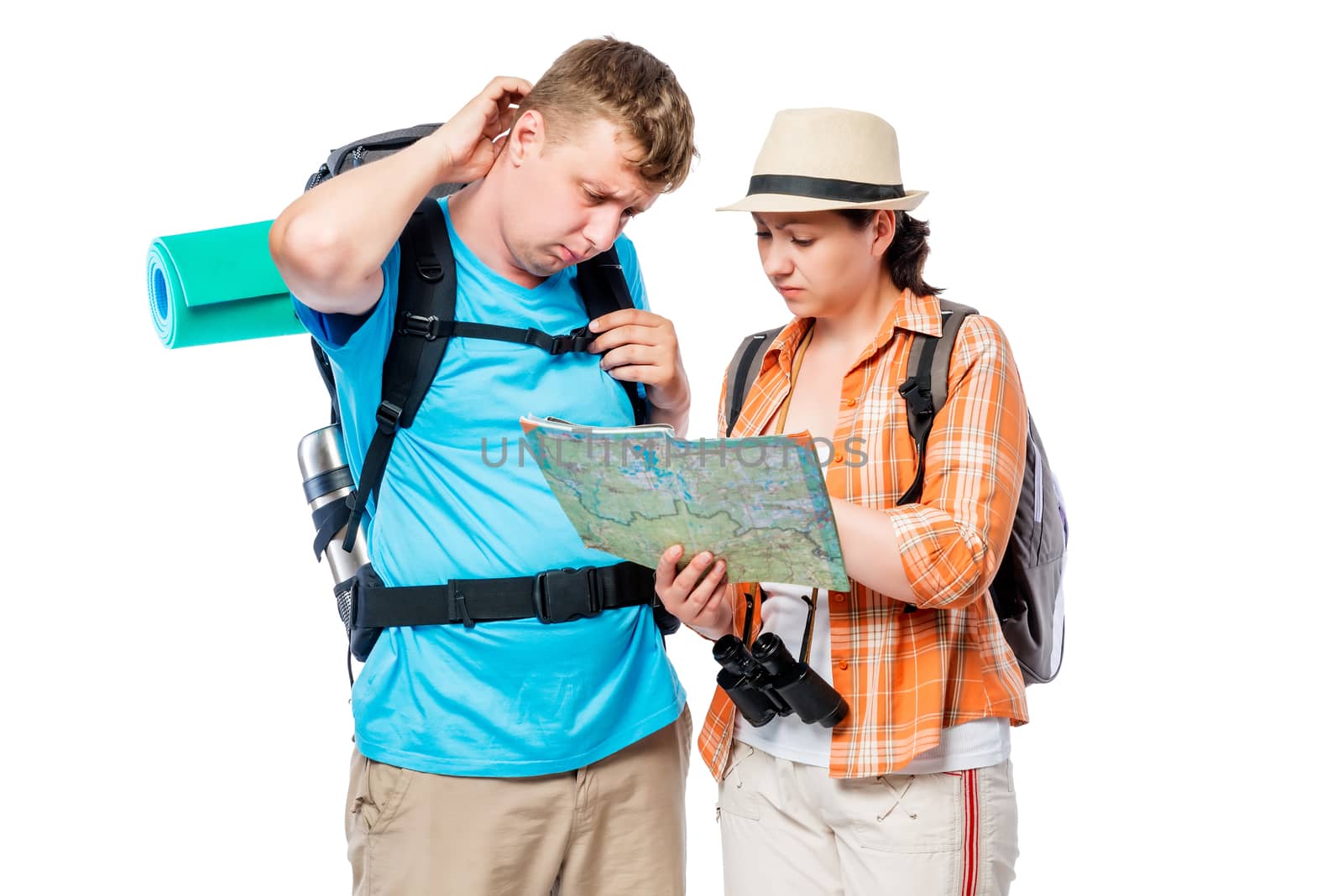 Frustrated lost tourists with map isolated on white background