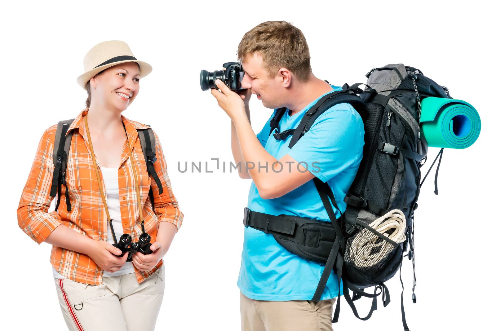Girl model posing for traveler with camera on white background
