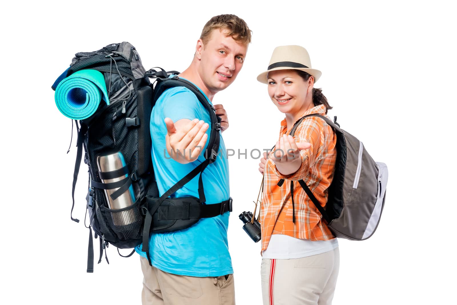Follow us! A couple of tourists are invited to go camping with them, on a white background