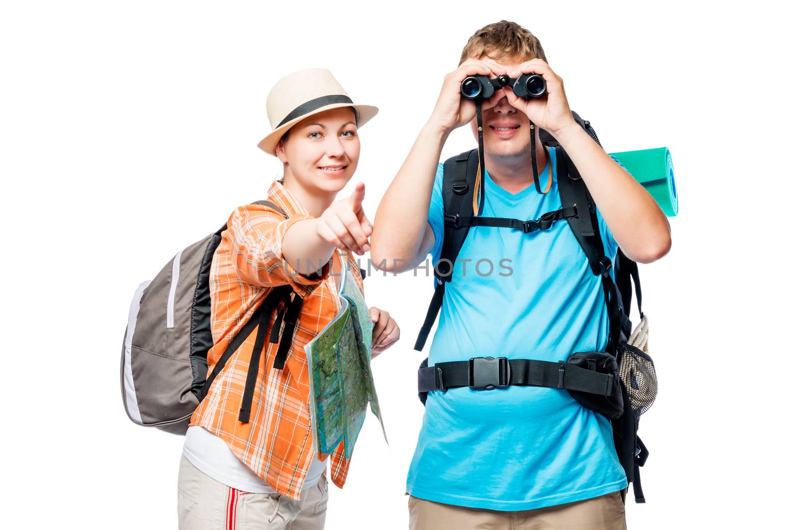 Traveler with binoculars and his girlfriend with a map on a white background