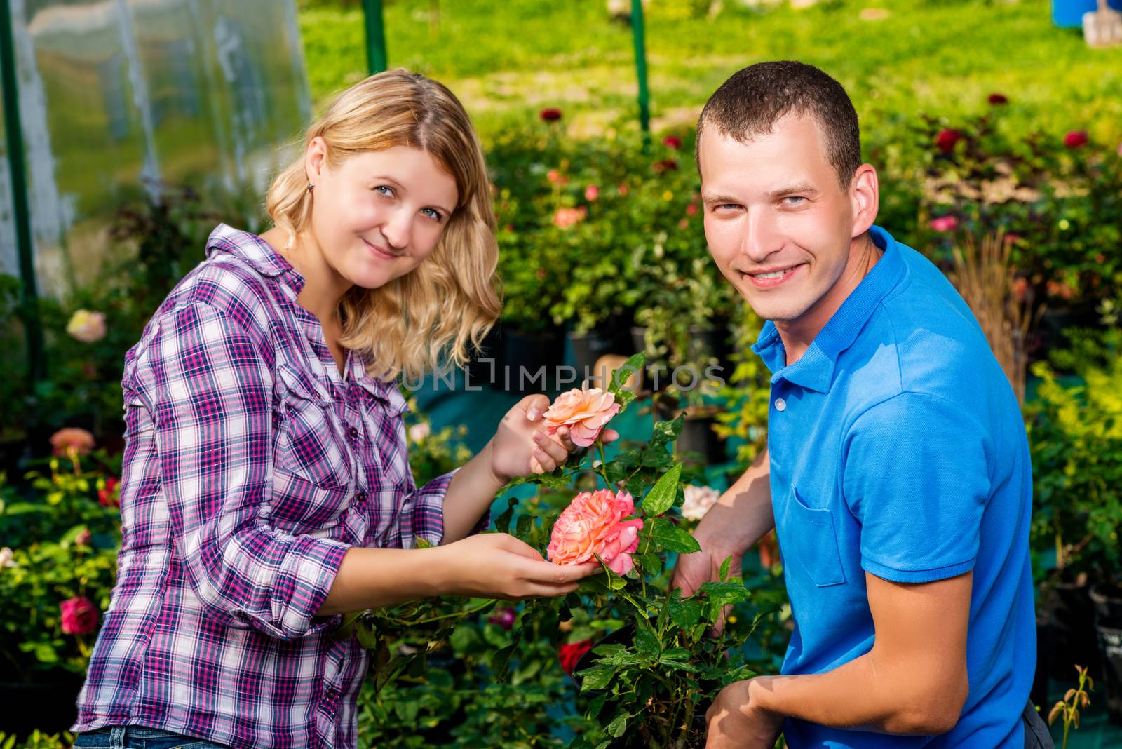 Portrait of a couple with flowers in a greenhouse
