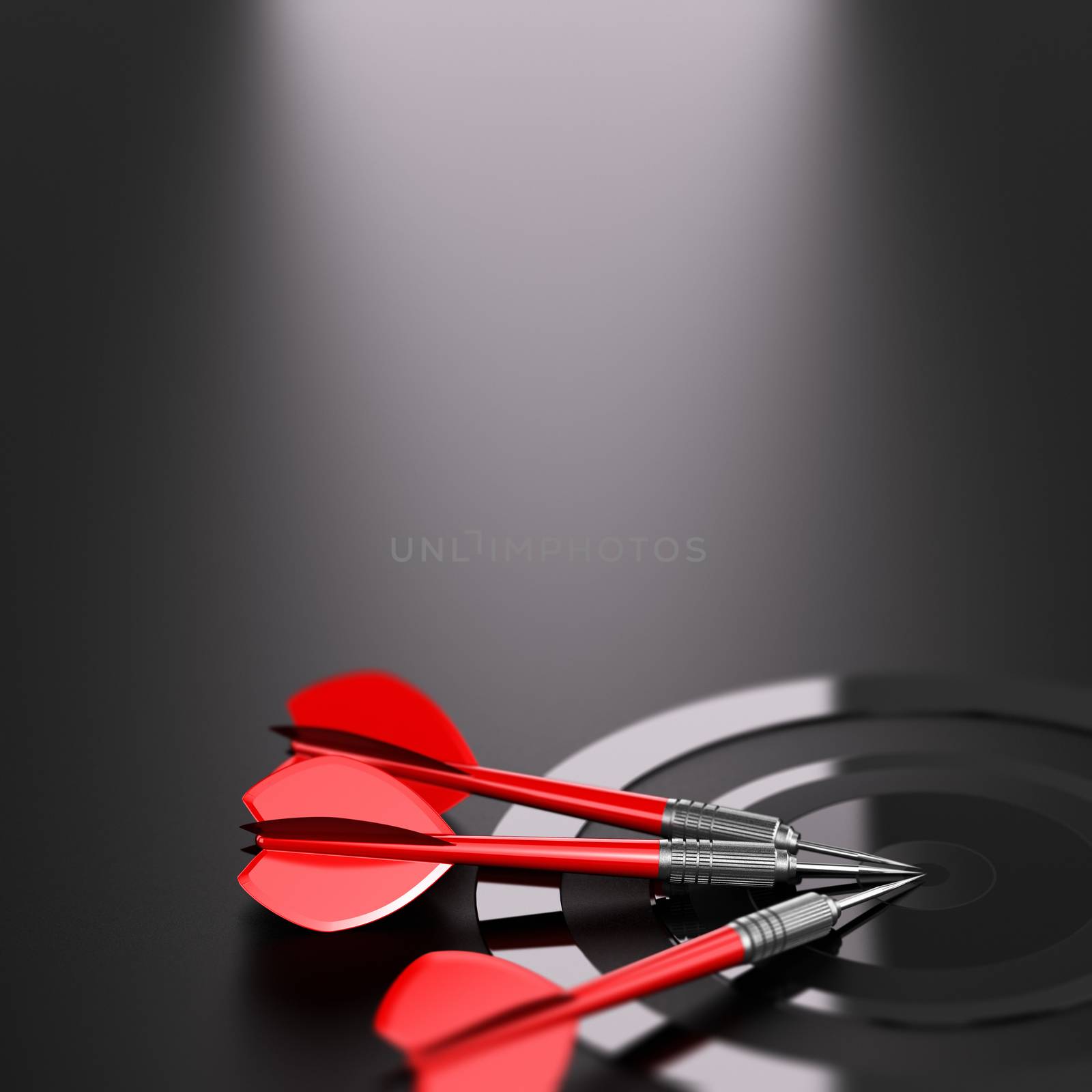 3D illustration of one target and three red darts over black background. Strategic business or marketing strategy concept. 