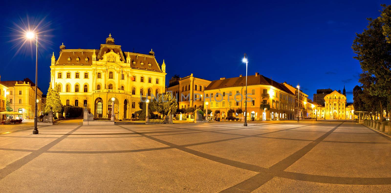 Ljubljana square and landmarks evening panoramic view, capital of Slovenia