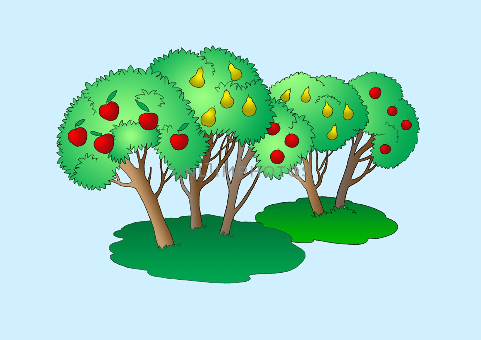 Fruit Trees Illustration. Digital Painting Background, Illustration in primitive cartoon style character. Isolated