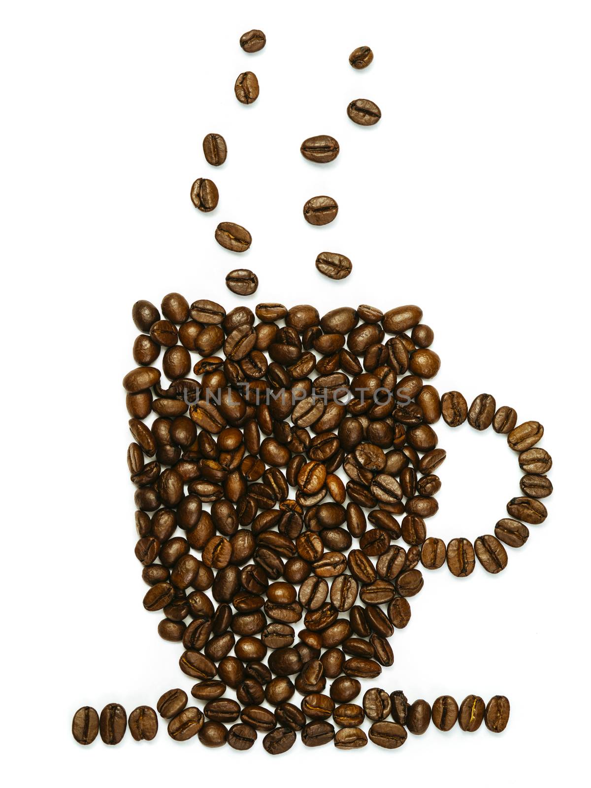 Photo of roasted coffee beans in the shape of a coffee mug.